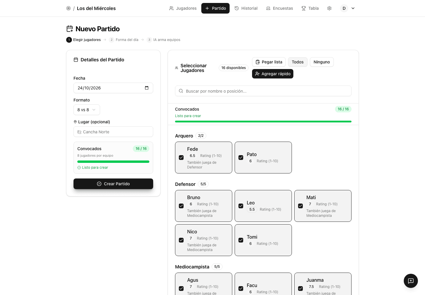 Partidito app setting up a match with sixteen invented players, before the AI picks the teams